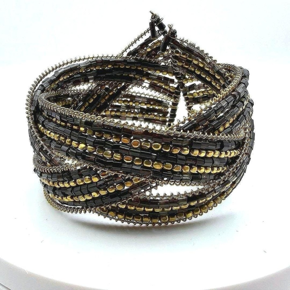 Vintage Cuff Wrap Beaded Braided Bracelet Black Gold Tone Flexible Boho Unisex